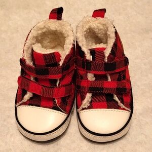 Red plaid fleece lined soft sole baby shoes